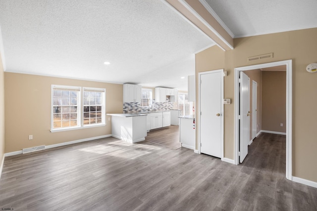 unfurnished living room featuring vaulted ceiling, a textured ceiling, and light hardwood / wood-style floors