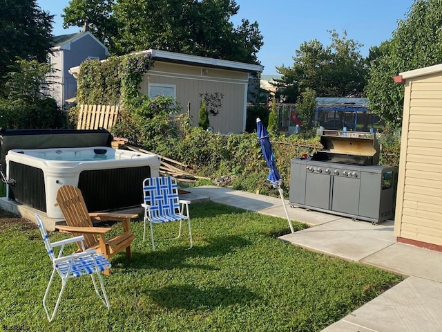 view of yard with cooling unit, an outdoor structure, and a hot tub