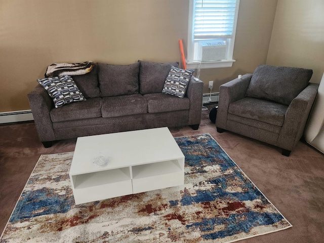 carpeted living room with a baseboard radiator and cooling unit