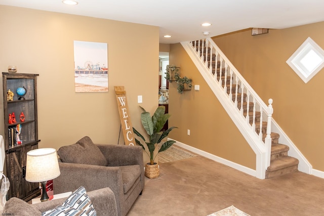 interior space featuring light colored carpet