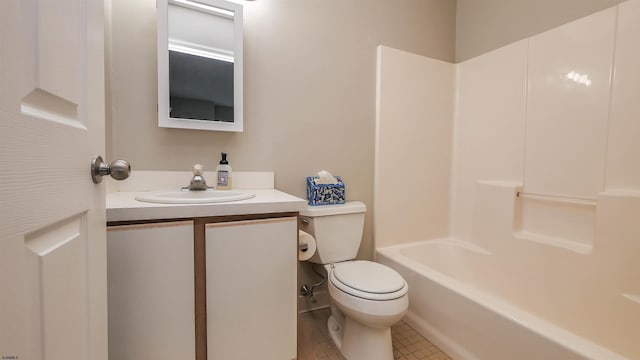 full bathroom featuring washtub / shower combination, vanity, and toilet