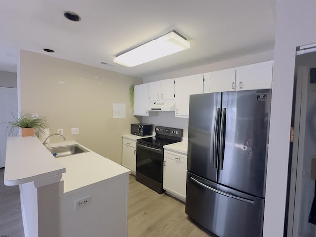 kitchen featuring black appliances, white cabinetry, sink, kitchen peninsula, and light wood-type flooring