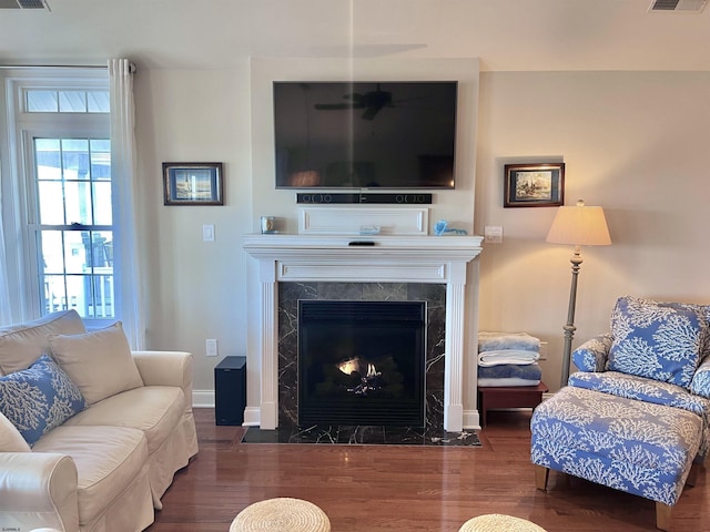 living room featuring dark wood-type flooring and a fireplace