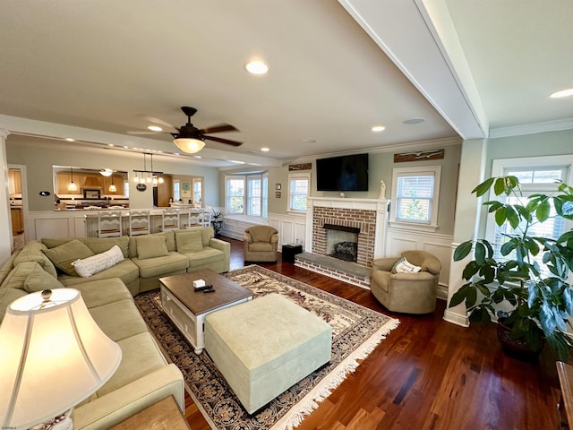 living room with dark hardwood / wood-style flooring, crown molding, a fireplace, and ceiling fan