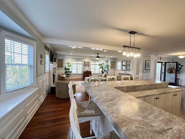 dining space with dark wood-type flooring, ceiling fan, and crown molding