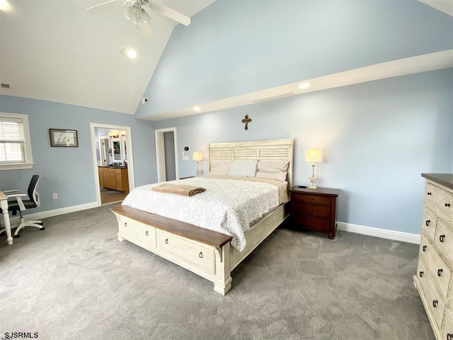 carpeted bedroom with ceiling fan, connected bathroom, and high vaulted ceiling