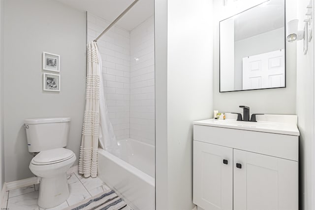 full bathroom with vanity, shower / tub combo, and toilet