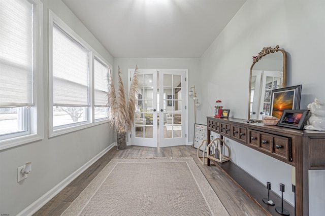 entryway with wood-type flooring and french doors