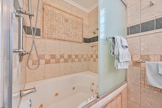 bathroom with tile walls, crown molding, and tiled shower / bath combo