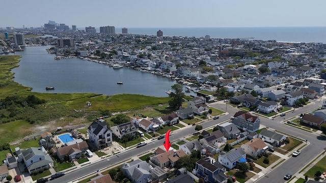 aerial view featuring a water view