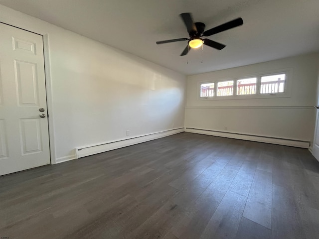 unfurnished room featuring baseboard heating, ceiling fan, and dark wood-type flooring