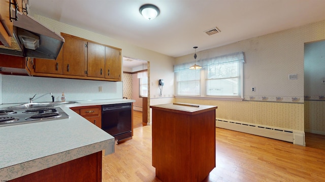 kitchen featuring dishwasher, hanging light fixtures, a center island, a baseboard radiator, and exhaust hood