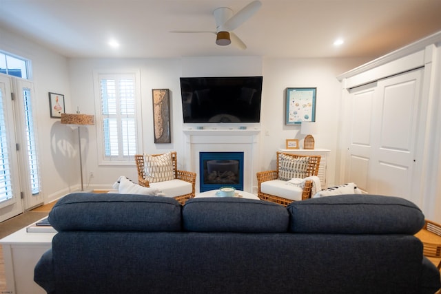 living room featuring ceiling fan