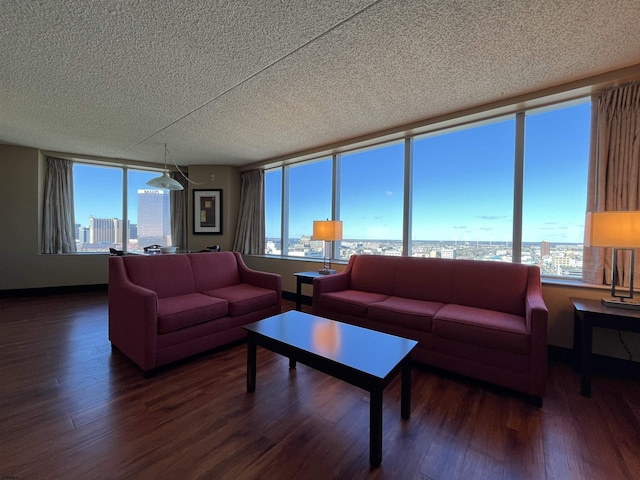 living room with dark hardwood / wood-style floors and a textured ceiling