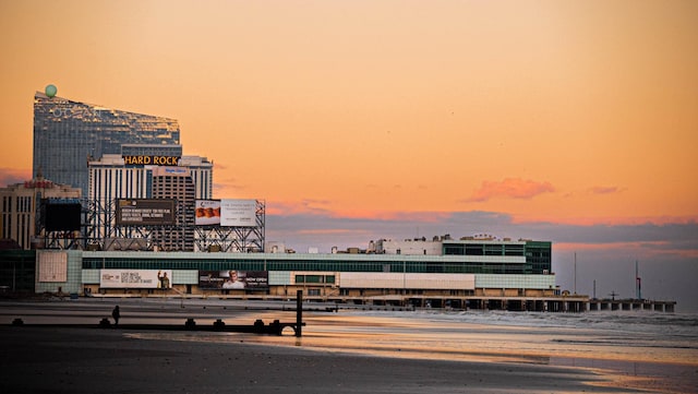 view of outdoor building at dusk