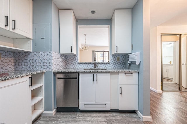 kitchen with sink, electric panel, light stone countertops, white cabinets, and stainless steel dishwasher