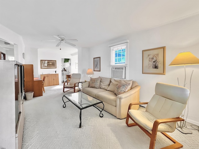 living room featuring ceiling fan and light colored carpet