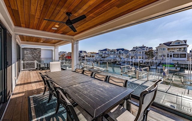 wooden terrace with ceiling fan and a water view