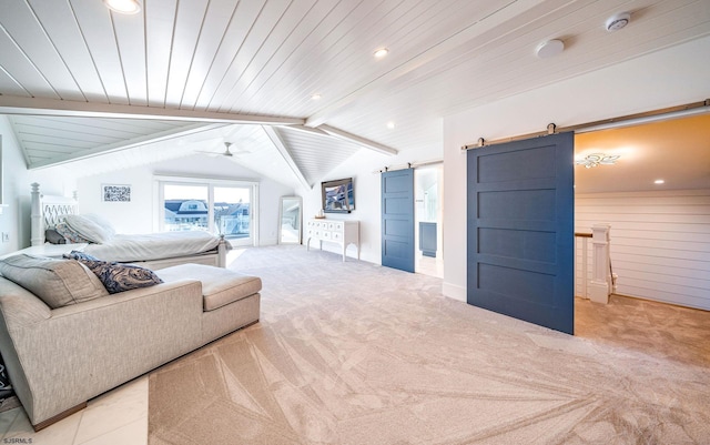 bedroom featuring wooden ceiling, a barn door, light carpet, and vaulted ceiling with beams