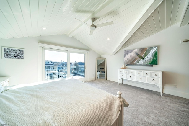 carpeted bedroom with lofted ceiling with beams, wooden ceiling, and ceiling fan