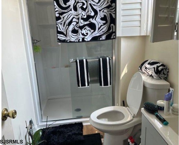 bathroom featuring a shower with door, vanity, and toilet