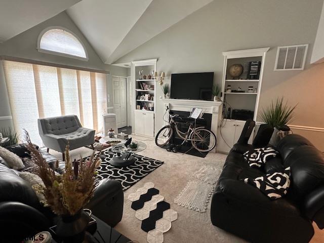 living room featuring carpet and lofted ceiling