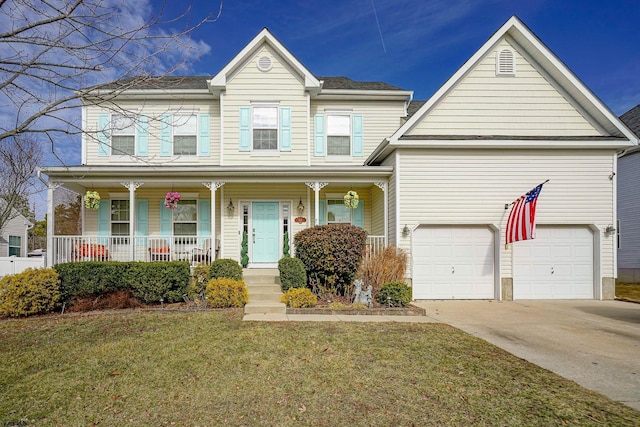 view of front of home featuring a garage, covered porch, and a front lawn