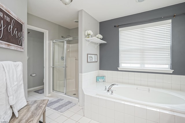 bathroom with toilet, tile patterned floors, and plus walk in shower