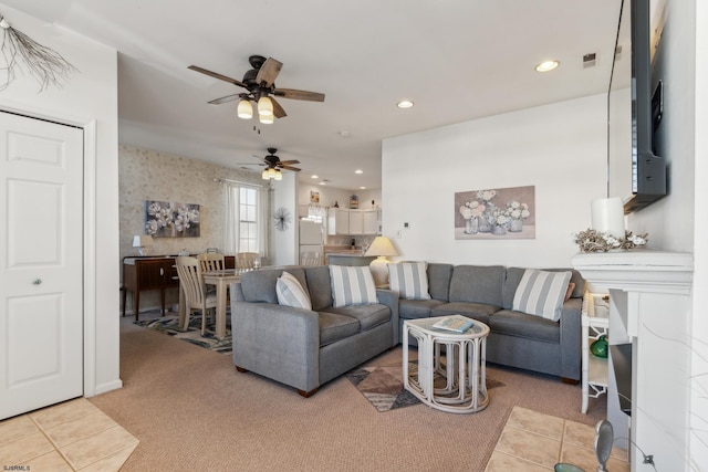 living room with tile patterned flooring