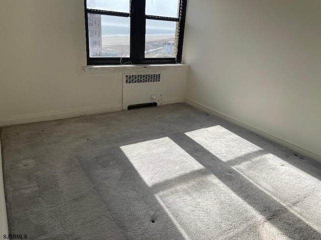 spare room featuring light carpet and radiator