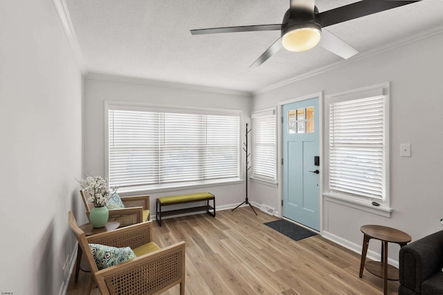 foyer entrance featuring crown molding, a wealth of natural light, ceiling fan, and light wood-type flooring