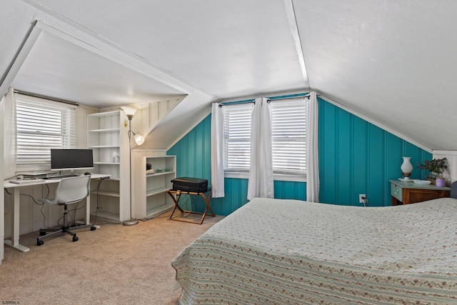 bedroom with lofted ceiling and carpet floors