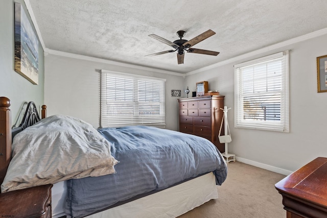 carpeted bedroom featuring crown molding, multiple windows, and a textured ceiling