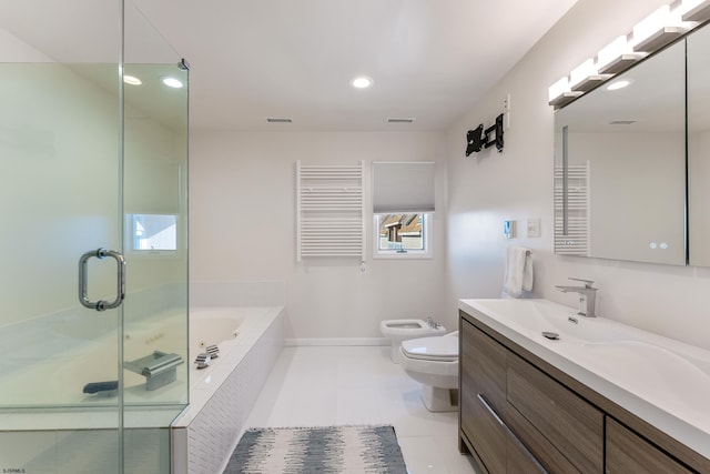 full bathroom featuring toilet, shower with separate bathtub, a bidet, radiator heating unit, and vanity