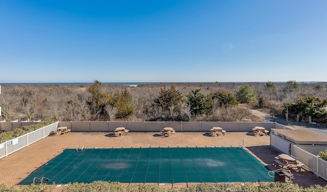 view of swimming pool featuring a patio and an outdoor fire pit