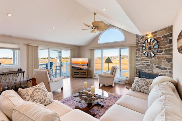 living room with wood-type flooring, plenty of natural light, high vaulted ceiling, and a fireplace