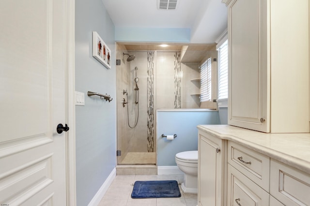 bathroom featuring walk in shower, vanity, toilet, and tile patterned flooring