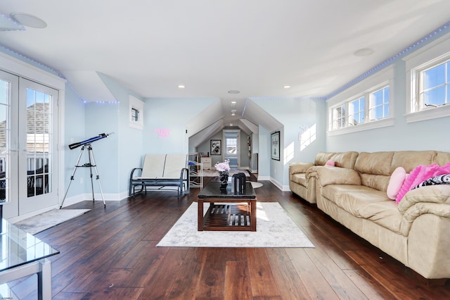 living room with dark wood-type flooring and french doors