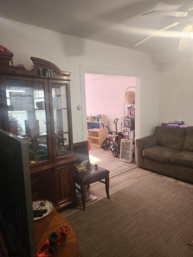 living room featuring ceiling fan and hardwood / wood-style floors