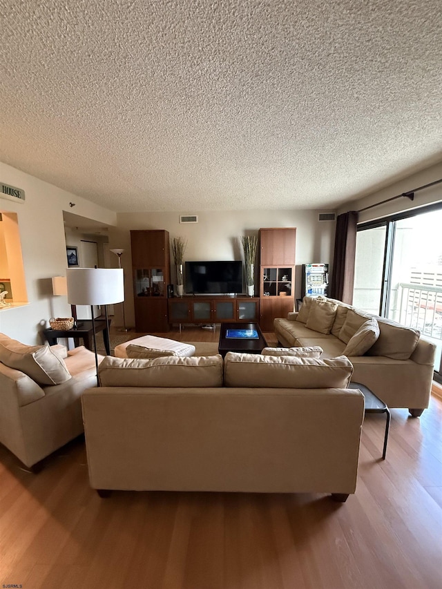 living room featuring wood-type flooring and a textured ceiling