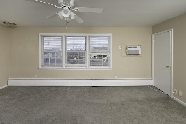 carpeted spare room with a baseboard radiator, ceiling fan, and a wall unit AC