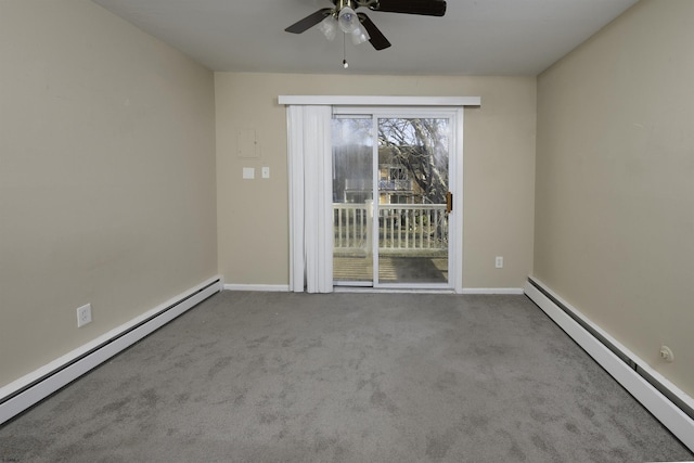 unfurnished room featuring light carpet, a baseboard radiator, and ceiling fan