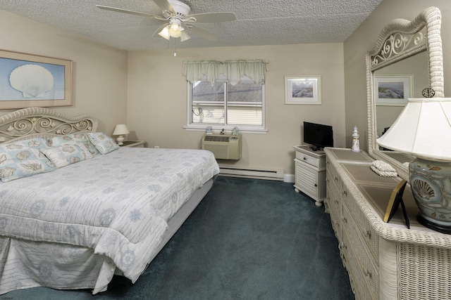 bedroom featuring ceiling fan, a baseboard heating unit, a textured ceiling, dark carpet, and an AC wall unit