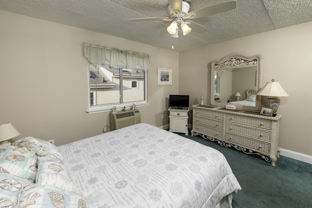 bedroom featuring dark colored carpet, a wall mounted AC, ceiling fan, and a textured ceiling