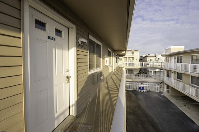 view of balcony at dusk