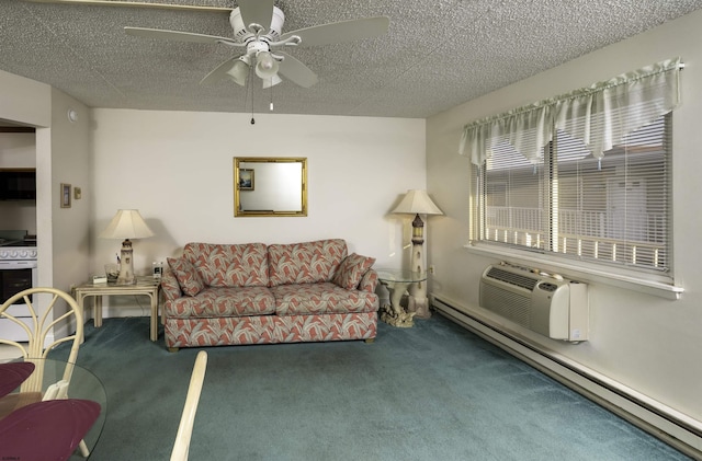 living room featuring a wall mounted air conditioner, a baseboard radiator, dark colored carpet, ceiling fan, and a textured ceiling