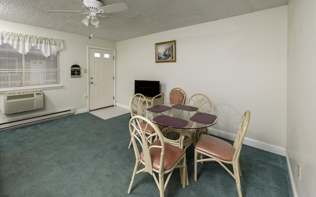 carpeted dining area featuring ceiling fan, a wall mounted air conditioner, a textured ceiling, and baseboard heating