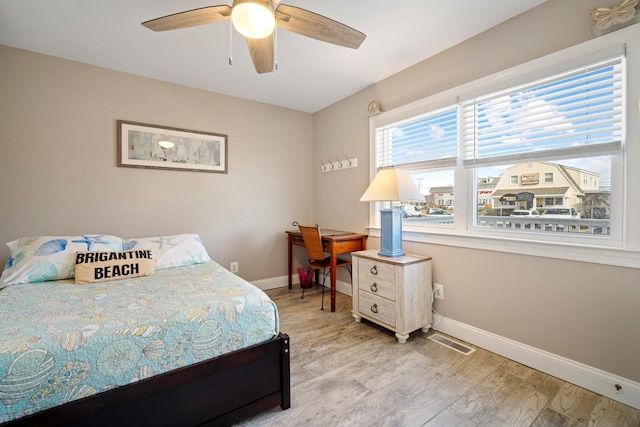 bedroom with ceiling fan and light wood-type flooring