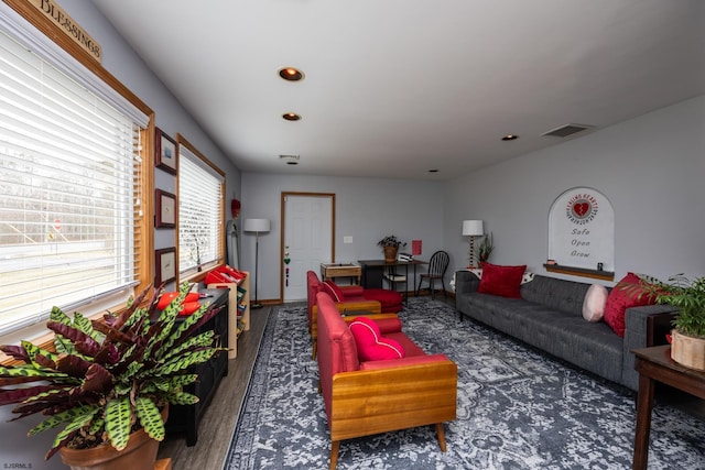 living room with dark hardwood / wood-style floors