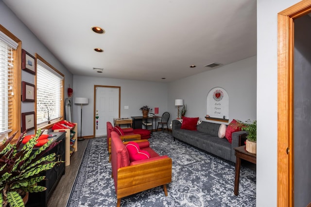 living room with dark wood-type flooring